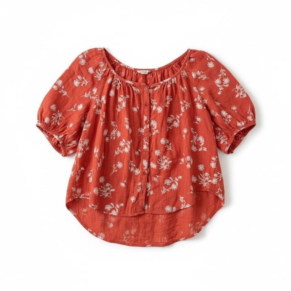 PILCRO Anthropologie 100% Cotton Babydoll Top Size Large Floral Pink Short Sleev